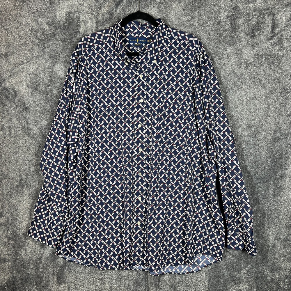 Ralph Lauren Shirt Mens 2XB Dark Blue Performance Oar Paddle Print Preppy Button