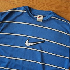 Nike 90s Striped T Shirt Blue Embroidered Center Swoosh Vintage Size M Sporty