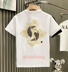 Men’s Luxury Koi Fish Embroidered Cotton T-Shirt Casual Short Sleeve Slim Fit Te