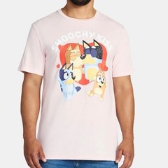 Bluey Mens Smoochy Kiss Graphic T-Shirt Pink Bandit Chilli Bingo Tee NEW Size S