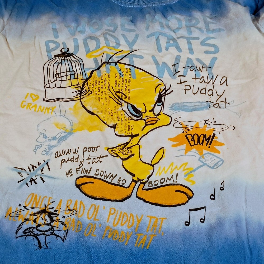 Looney Tunes Tweety Bird Graphic T-Shirt Size Small S Blue White Tie Dye Tee