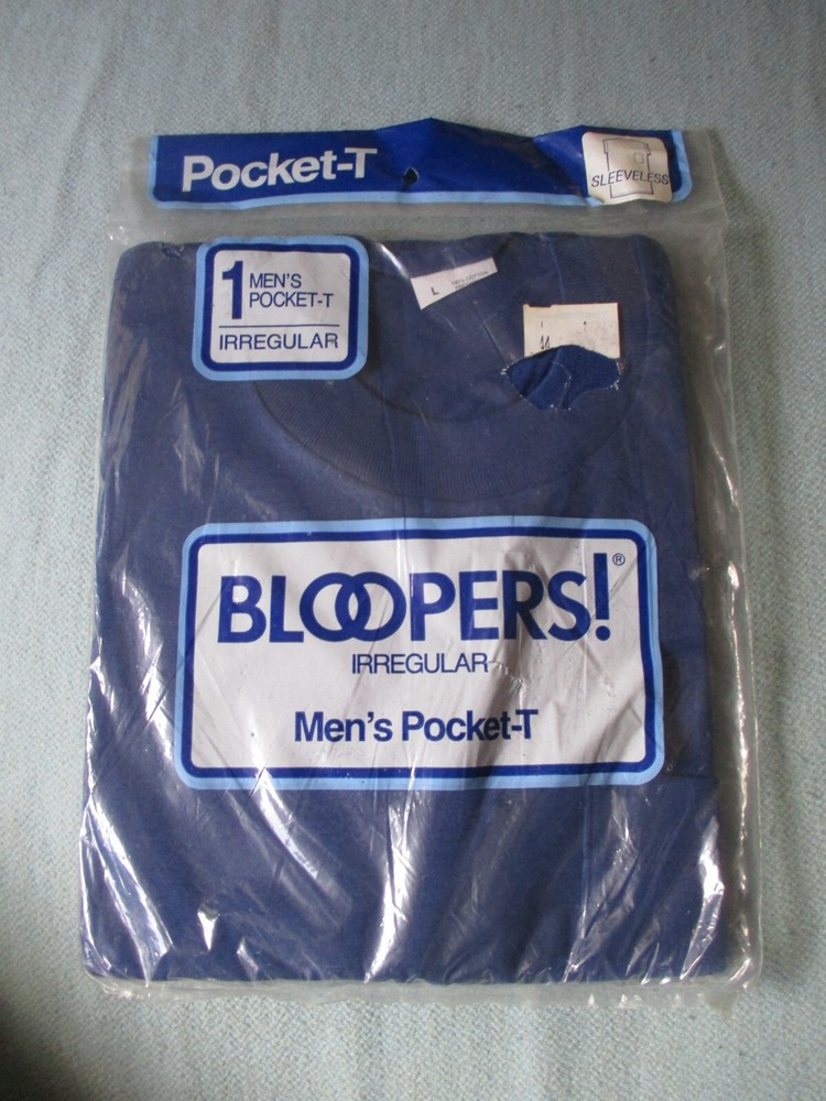 VINTAGE 1988 Fruit Of The Loom Bloopers Men L Dark Blue Pocket T-Shirt Sleveless