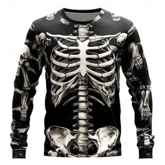 2025 Halloween Skeleton Print Long Sleeve T-Shirt Men Gothic Casual Top NEW!