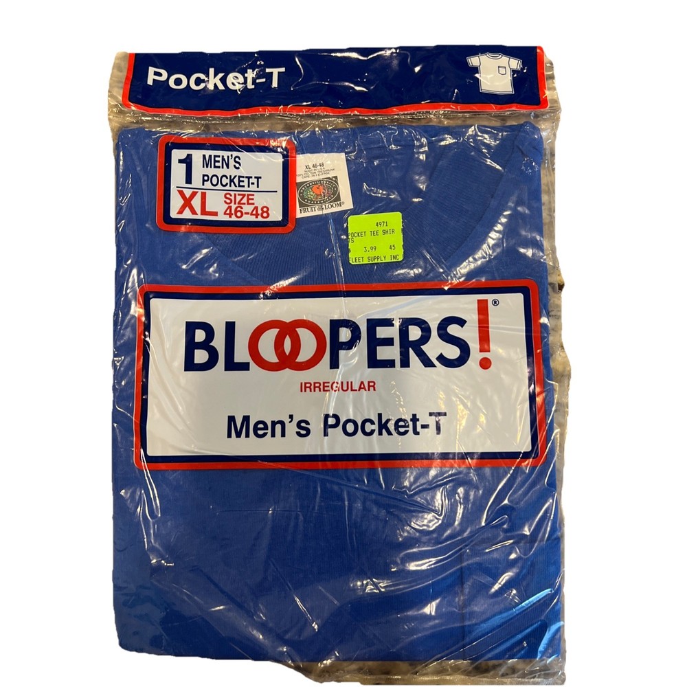Vintage 1988 Blue Bloopers Pocket T Shirt Size XL Made In USA Irregular