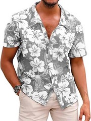 Men’s Hawaiian Floral Shirt Summer Casual Button Down Beach Vacation Top