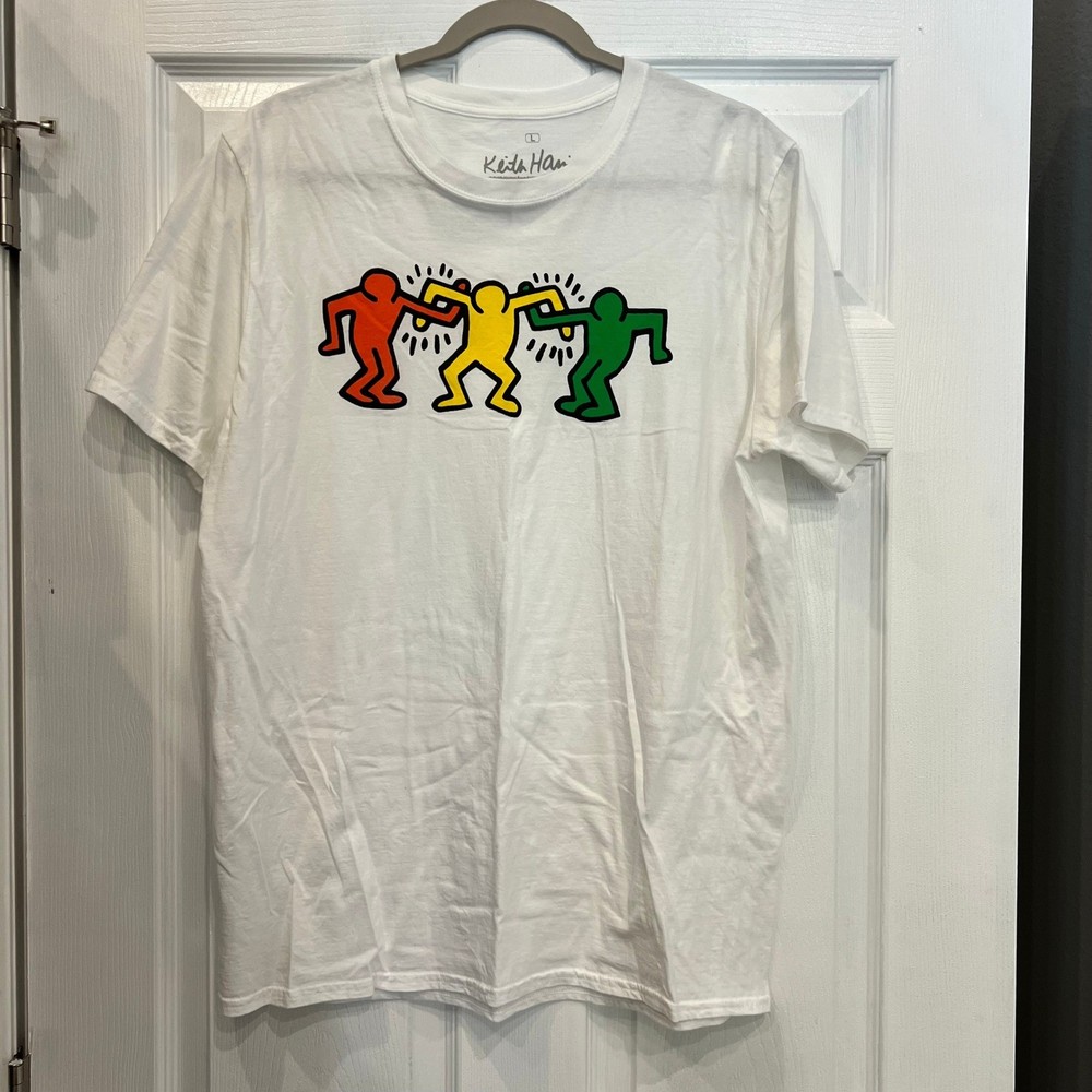 Keith Haring Graphic T-Shirt Cotton White Dancing Figures Pop Art Large