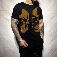 New Hot Drilling Fashion Skull Rhinestone Summer Luxury Men Cotton Black T-Shirt