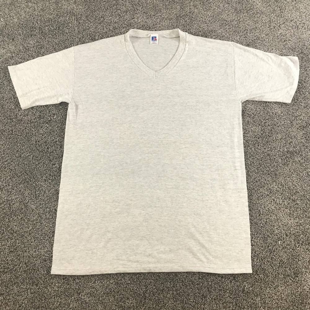 Vintage Russell Athletic Shirt Mens XL Gray V Neck Made USA Basic Solid Tee