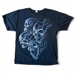 Y2K Black and Blue Four Skulls Graphic Fader Tee