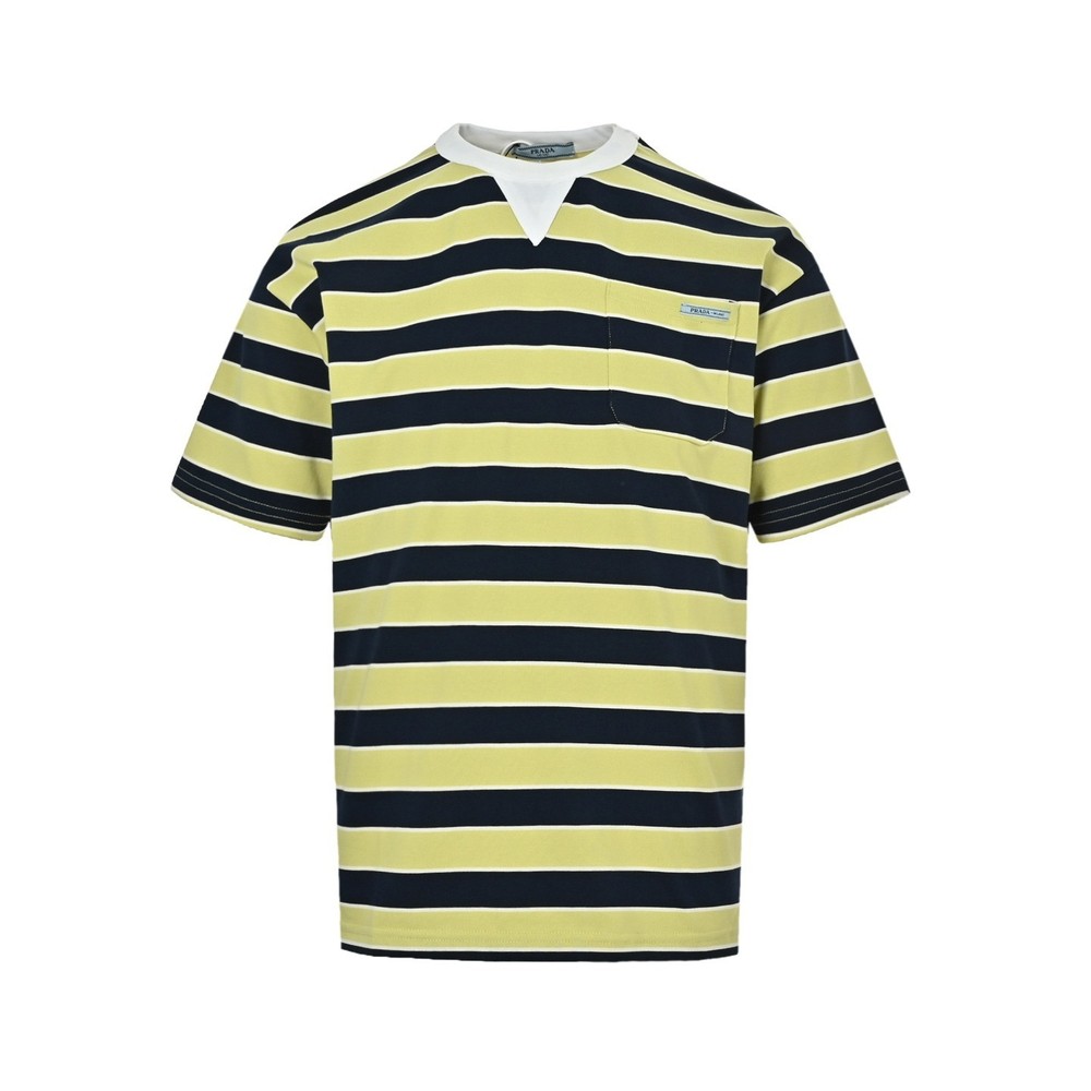 PRADA Men’s Striped T-Shirt Crew Neck Pocket Cotton Short Casual Tee Size L
