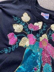 Vintage Custom Hanes Shirt Mens XL Black Western Boot Floral Glitter Graphic Tee