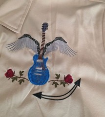 Atryone Men’s Vintage Button Up Shirt TAN Embroidered Guitar Blue Size XLarge