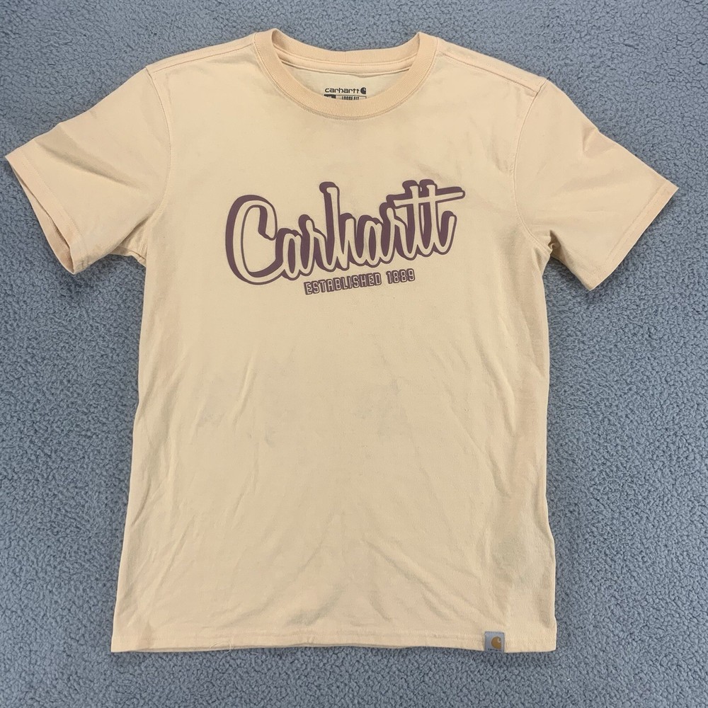 Carhartt Shirt Mens Medium Orange Work Wear Cotton Outdoors Logo Spell Out