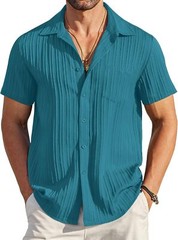 Men Casual Button Down Short Sleeve Textured Summer Beach Shirt with Pocket