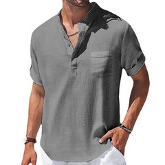 Summer New Men’s Cotton and Linen Shirts Short-Sleeved T-shirt Henry Collar Casu