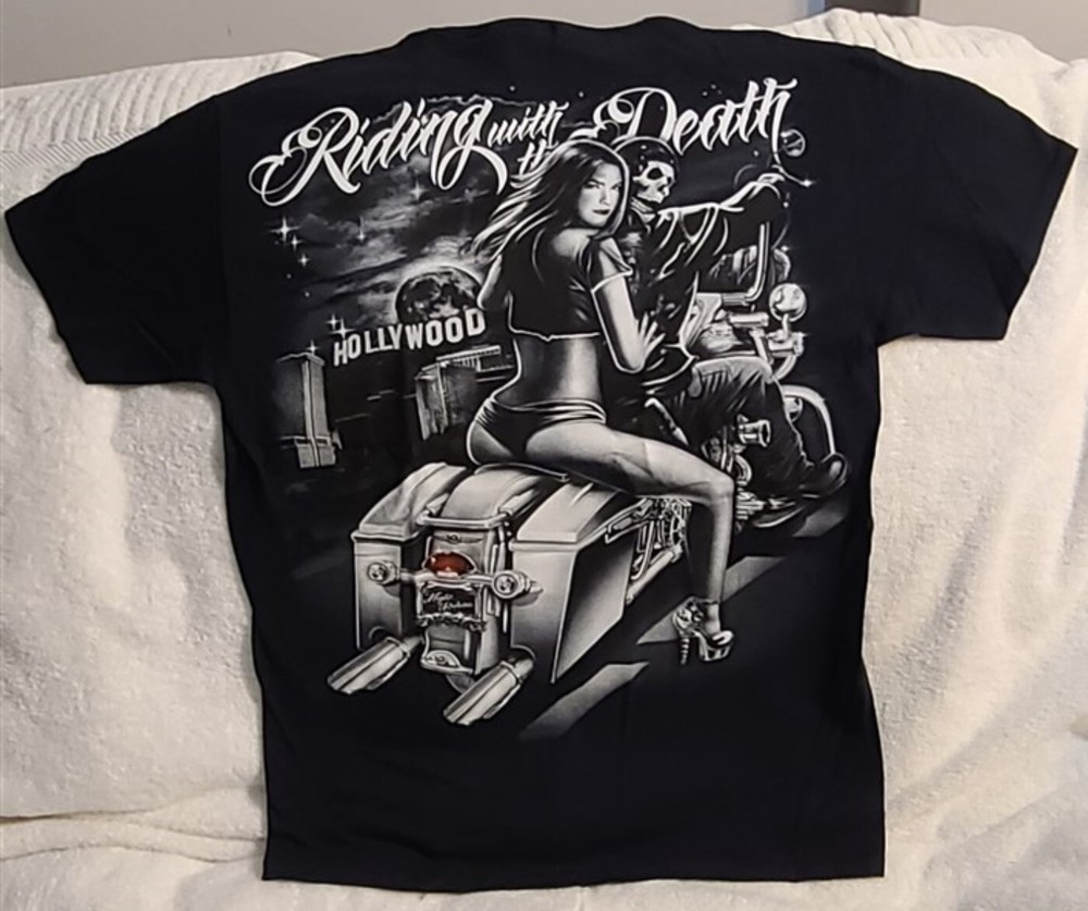 SKELETON SEXY WOMAN MOTORCYCLE BIKER RIDING WITH DEATH HOLLYWOOD T-SHIRT SHIRT