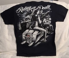 SKELETON SEXY WOMAN MOTORCYCLE BIKER RIDING WITH DEATH HOLLYWOOD T-SHIRT SHIRT