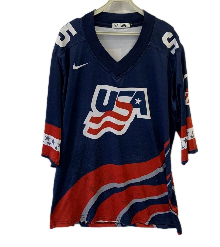 Vintage 90s Nike USA Hockey Jersey #85 Wavy Stripes Stars Sleeves Blue Large#231