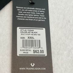 True Religion Men’s 3X Multi Puff HS SRS Tee Shirt Black 100% Cotton NEW