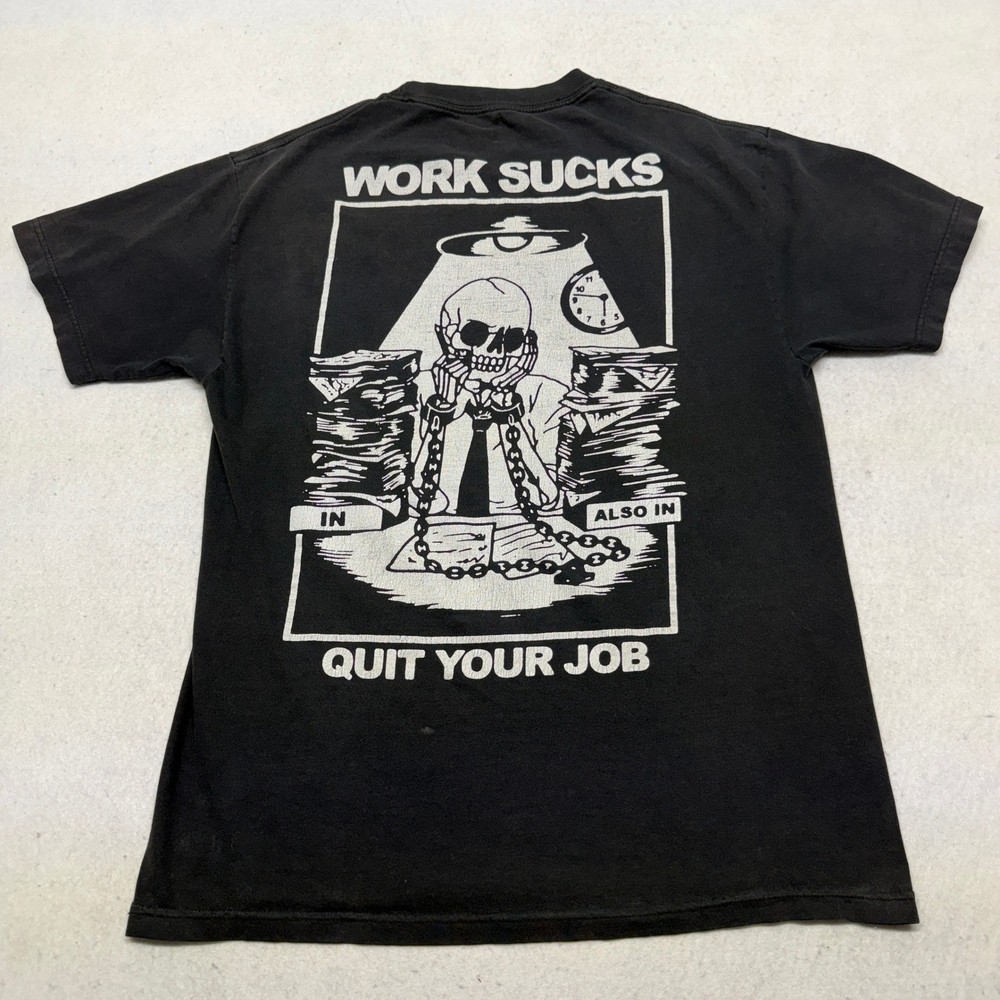 Rusty Butcher Work Sucks Quit Your Job Graphic T-Shirt Mens Large Black Y2K