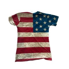 American Flag Rayon Stretch Photo Print T-Shirt Patriotic Muted Red White Blue
