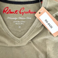 Robert Graham Casual Short Sleeve V-Neck T Shirt Solid Olive Green SUN DAMAGE M
