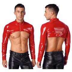 US Mens Shrug Stand Collar Clubwear Long Sleeve Crop Top Patent Leather Slim Top
