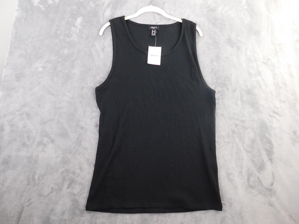 Forever 21 Tank Top Mens XL Black Ribbed Cotton Stretch Shirt Crew Neck