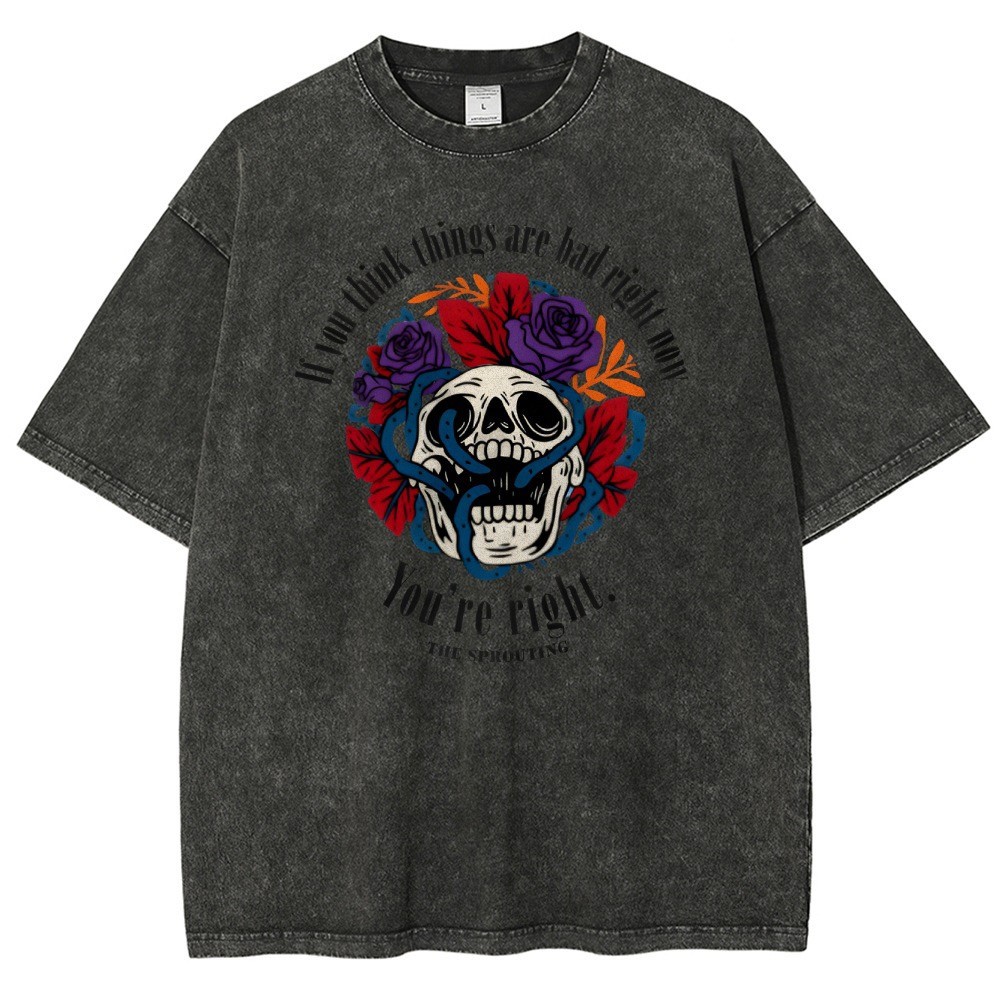 Rose Skull Vines Vintage Acid Wash Graphic T-Shirt