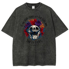 Rose Skull Vines Vintage Acid Wash Graphic T-Shirt