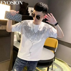 New Fashion Wings Trend Rhinestone Summer Short Sleeve Luxury Men Cotton T-Shirt
