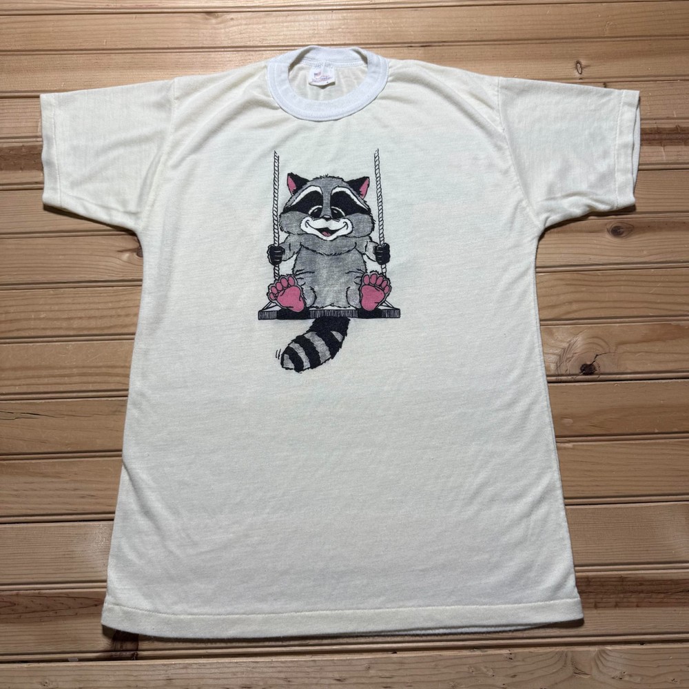 Vintage 80s Raccoon on Swing Single Stitch Graphic T-Shirt Men’s – Size Large