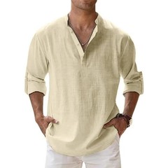 MENS LINEN COTTON HENLEY LONG SLEEVE BREATHABLE CASUAL BEACHWEAR SHIRT