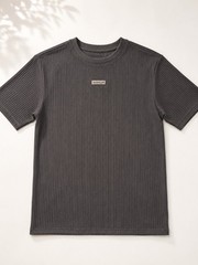 Brooklyn Gray Solid Rib Knit Logo Men’s Crew Neck Short Sleeve T-Shirt, M