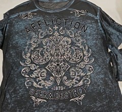 Affliction LS Top Large L Blue Sheer Shirt Silver Foil Black Velvet Graphics Y2K