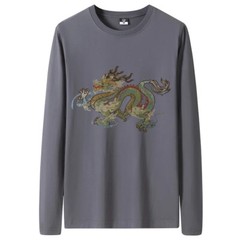 Fashion Dragon Rhinestones Diamond Long Sleeve Luxury Men Trend Cotton T-Shirt