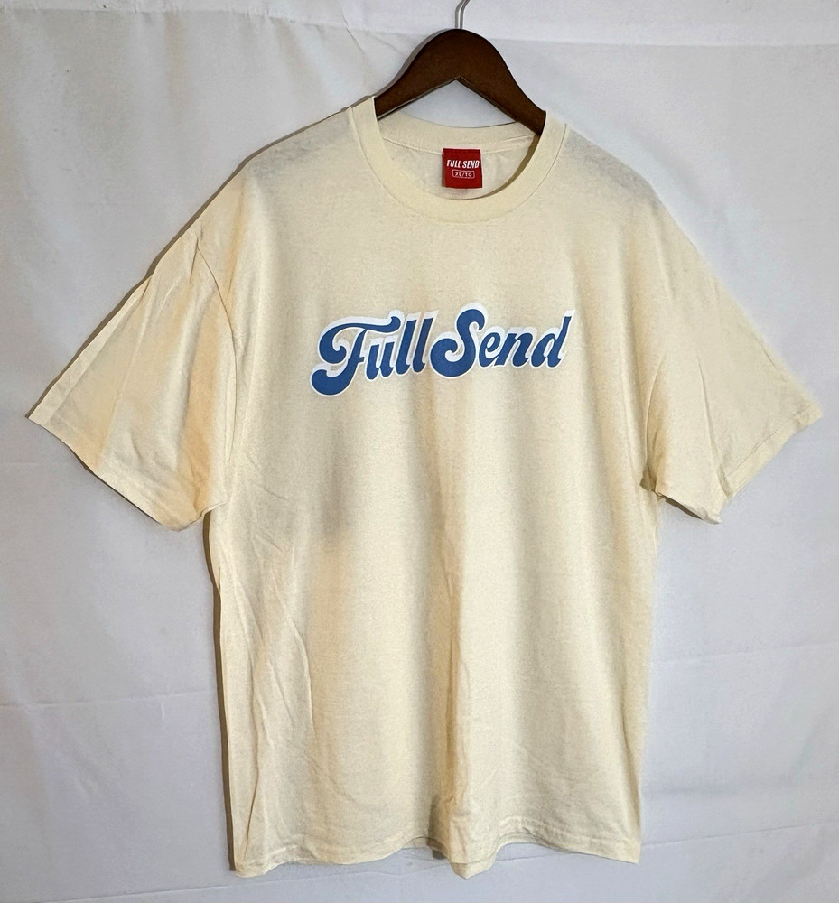 Full Send Men’s Size XL Spellout Script Logo Beige S/S Graphic T-Shirt Nelk Boys
