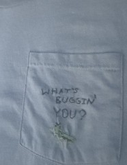 Fruit of the Loom beige t-shirt with embroidered grasshopper on pocket, size M