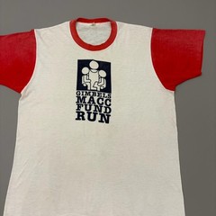 Vintage 70s Two Tone Marathon Shirt White Polycotton Fruit of the Loom Size Larg