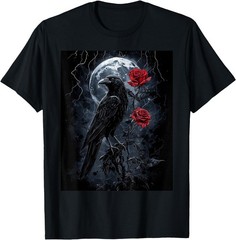 Raven Rose Moon Scary Black Gothic Spooky Women Black Crow T-Shirt