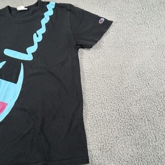 Champion Shirt Mens Medium Black Blue Pink Diagonal Script Big Logo T-Shirt