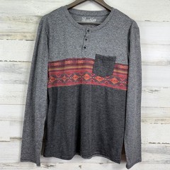 Brooklyn Cloth Mens Gray Long Sleeve Henley Shirt Aztec Trim Casual Top Size L