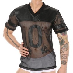 Men’s Transparent Fishnet Stripe Tee Tops Short Sleeve Black Mesh Sheer T-shirt