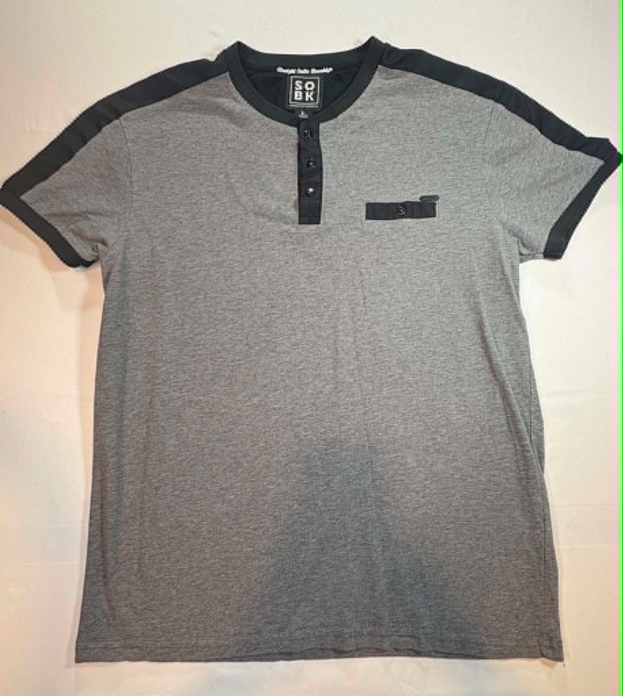 Straight Outta Brooklyn SOBK Men’s L Henley Shirt Gray Black Colorblock Pocket