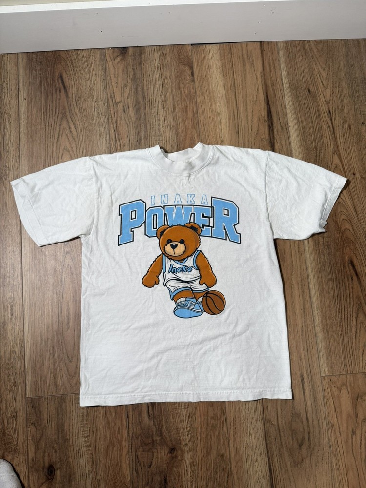 Inaka Power White T-Shirt, Size Large, Blue Letters Teddy Bear Basketball Tee