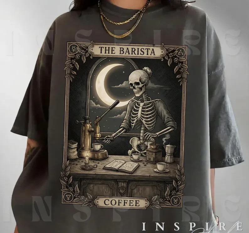 The Barista Skeleton Tarot Meme Shirt – Gothic Coffee Lover Tee