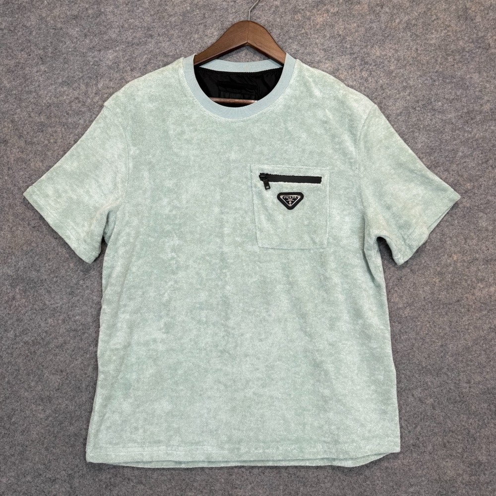 Terry Cloth Shirt Mens Medium Zip Pocket Green Italy Short Sleeve