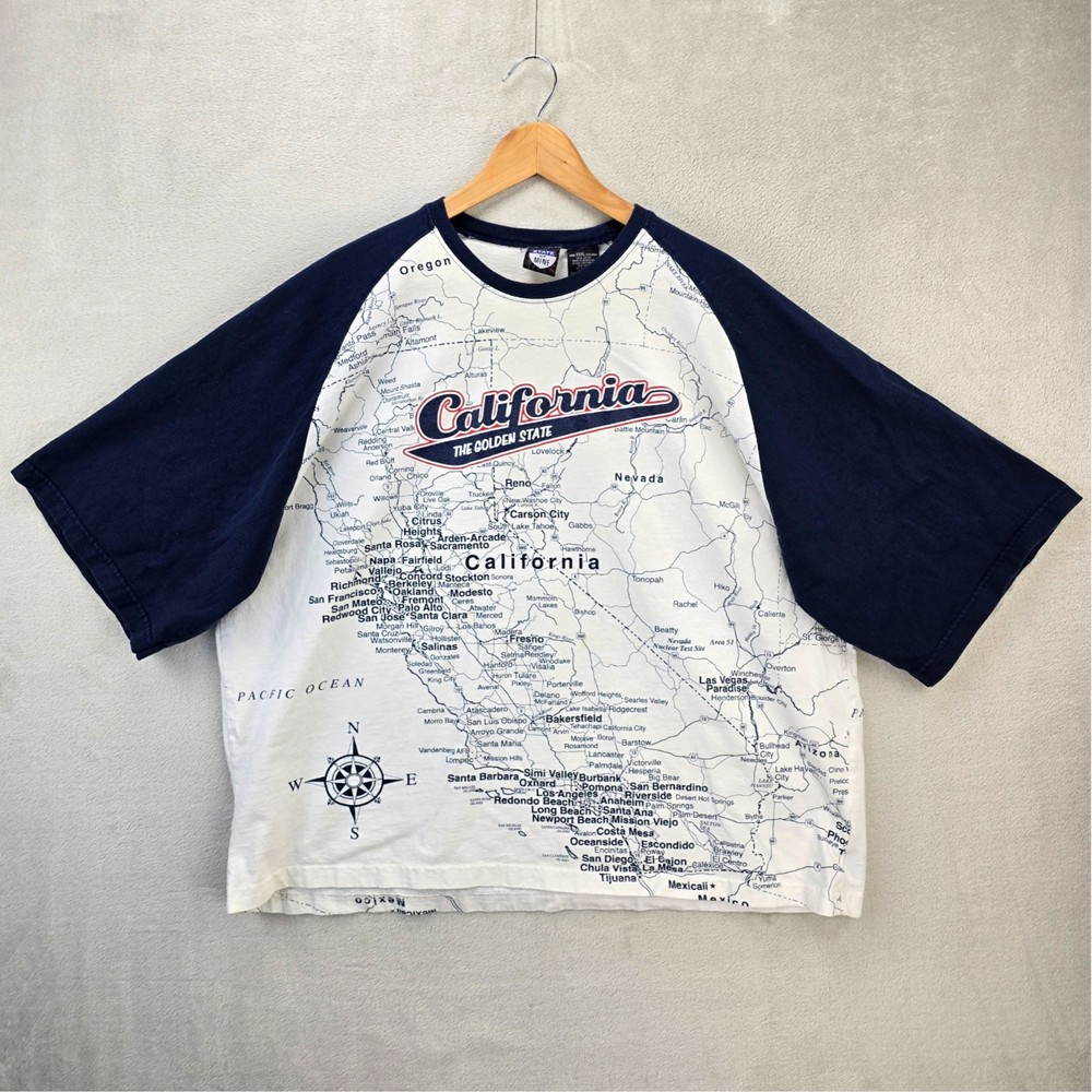 Vtg California Golden State Shirt Mens 3XL Map All Over Print Raglan Sleeve
