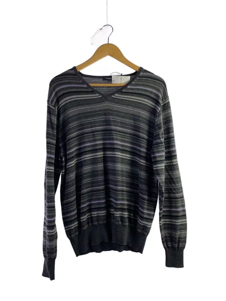 BURBERRY LONDON Knit Sweater (Thick) LL Wool Gray Striped BBT02-503-07
