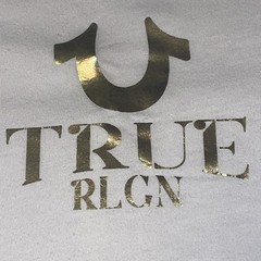 TrueReligion Tshirt Mens•M White Gold Monk Buddha Embossed Logo Graphic CrewNeck